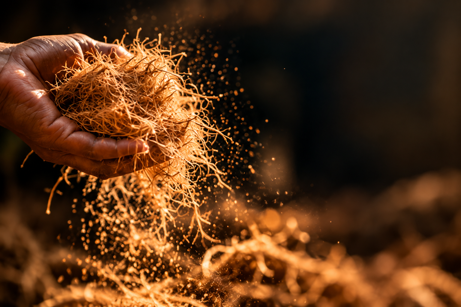 Hands holding natural coir fibre